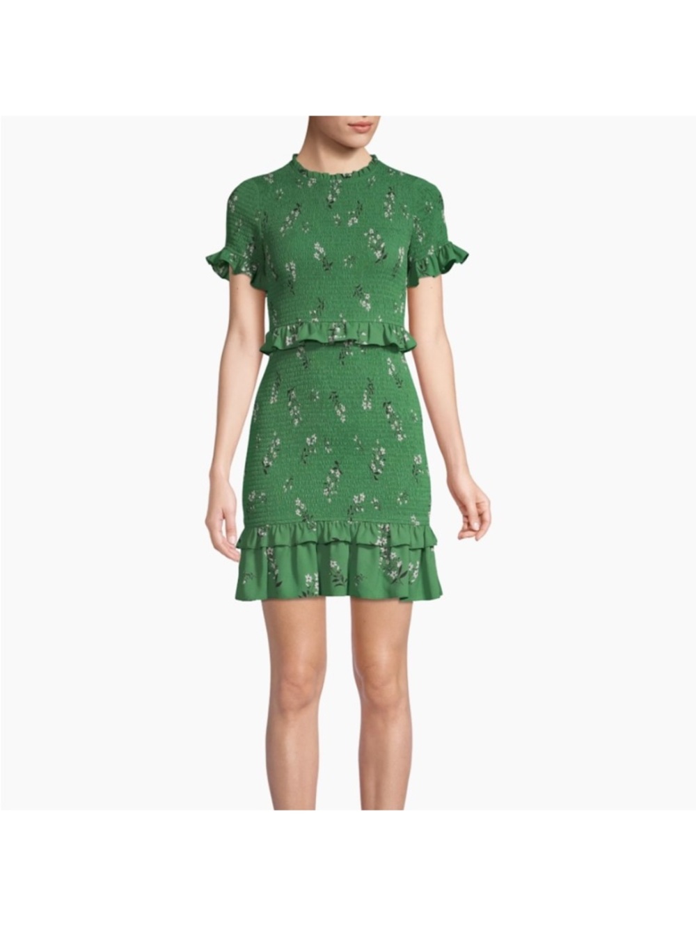 Likely Green Floral Mini Dress with Ruffle Trim